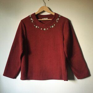 Carroll Reed Red Embroidered Fleece Pullover Cottagecore Sweater - Large